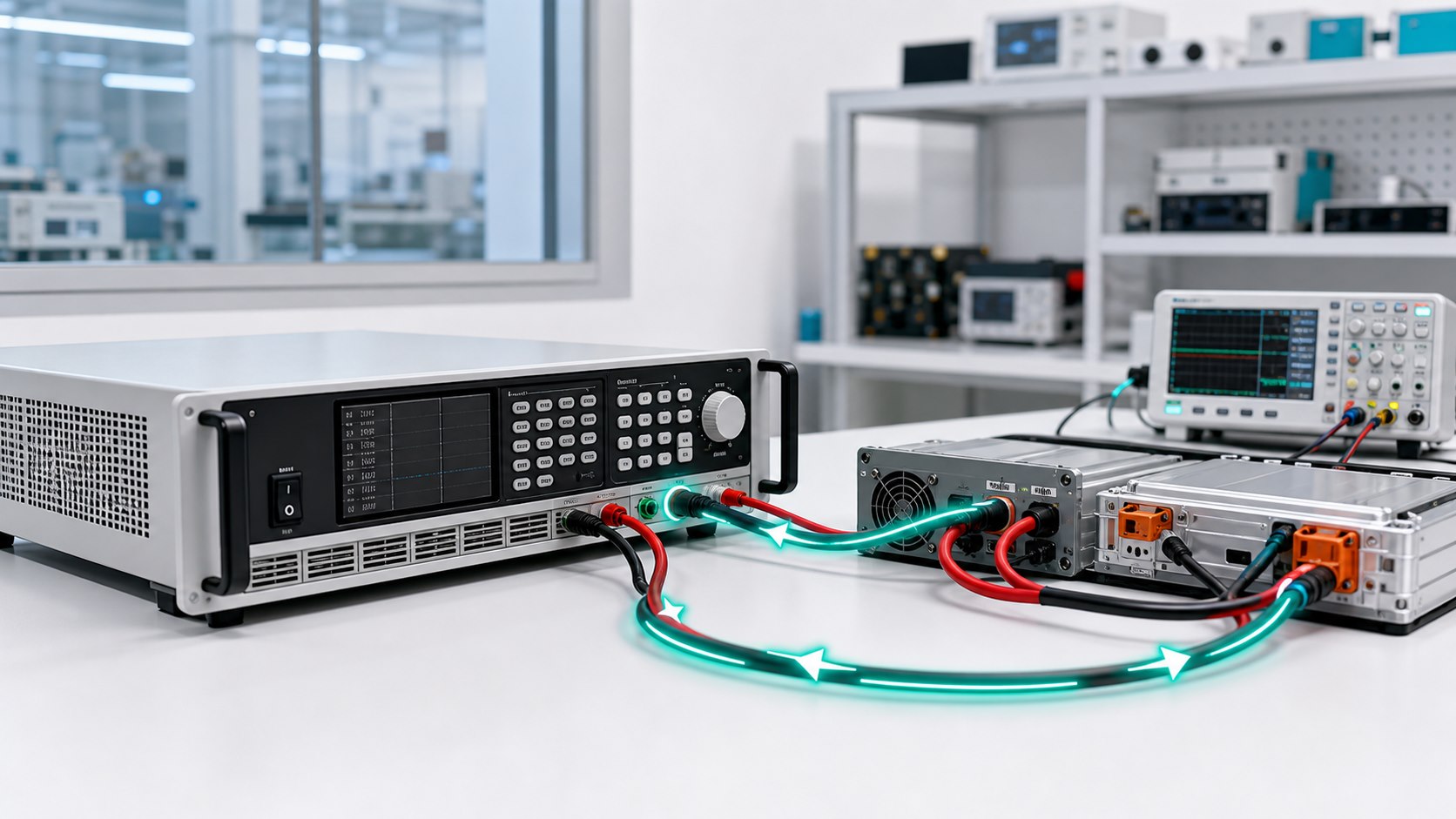 Realistic battery simulator lab setup with source and sink current paths